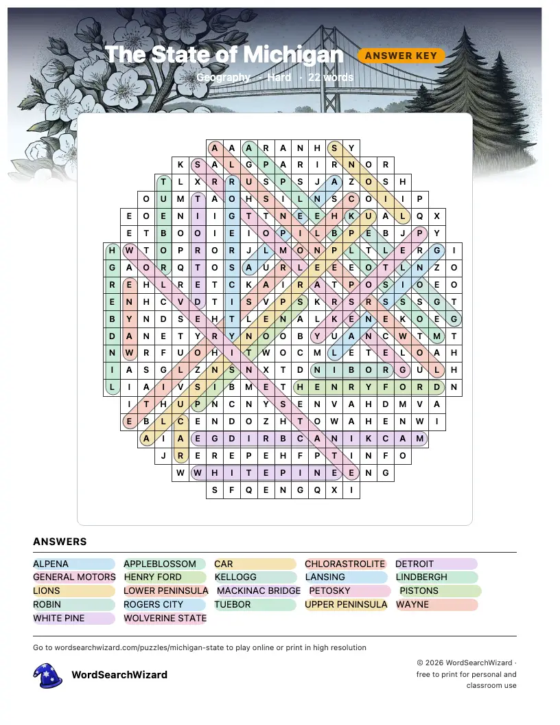 The State of Michigan word search answer key, all 22 words marked