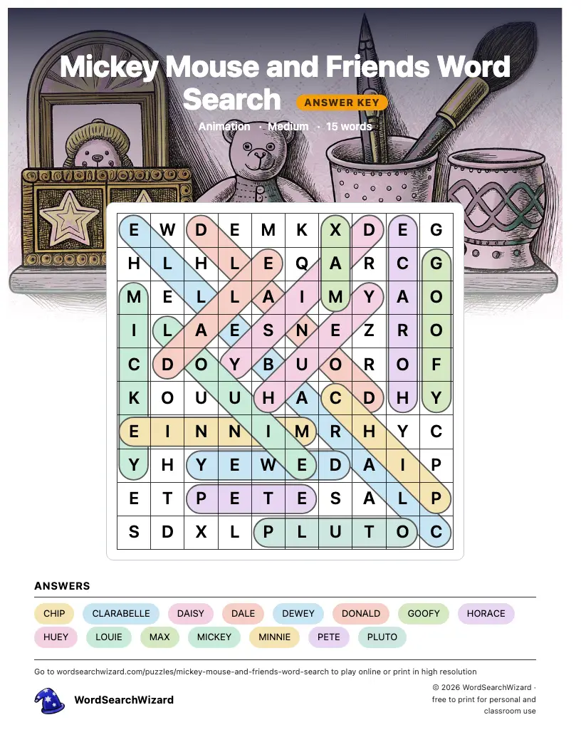 Mickey Mouse and Friends word search answer key, all 15 words marked