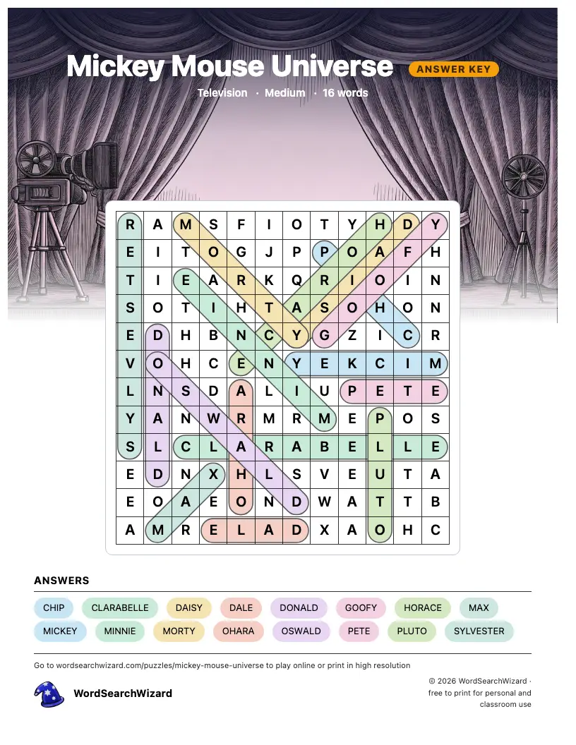 Mickey Mouse Universe word search answer key, all 16 words marked
