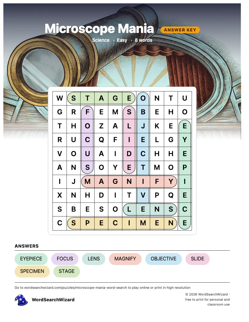 Microscope Mania word search answer key, all 8 words marked