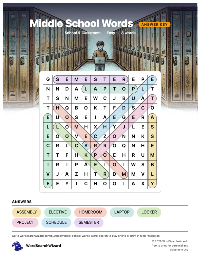 Middle School Words word search answer key, all 8 words marked