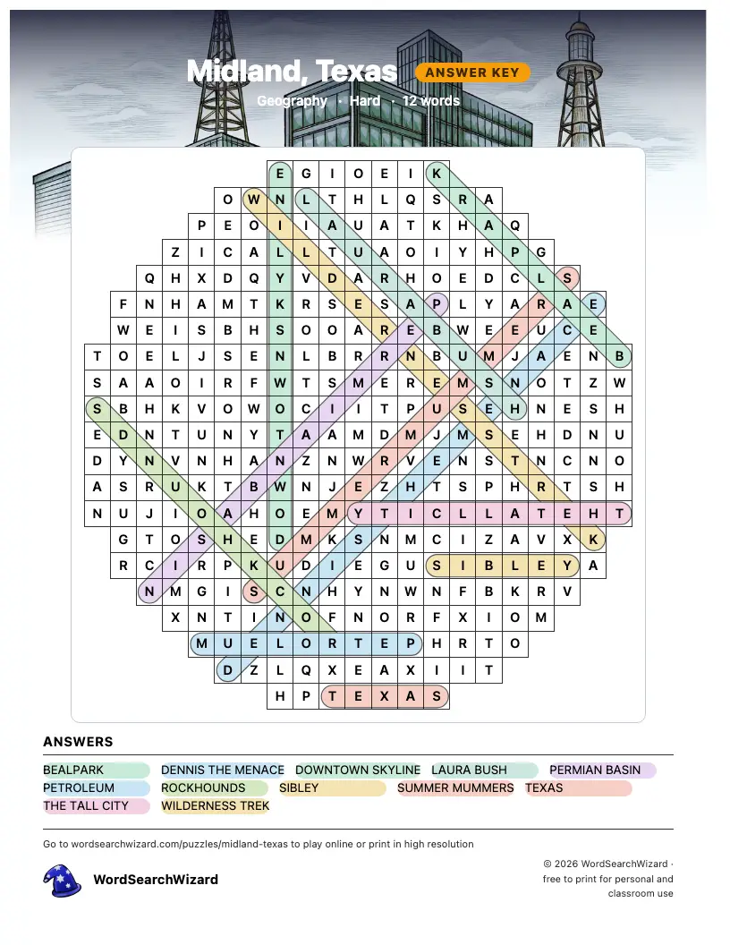 Midland, Texas word search answer key, all 12 words marked