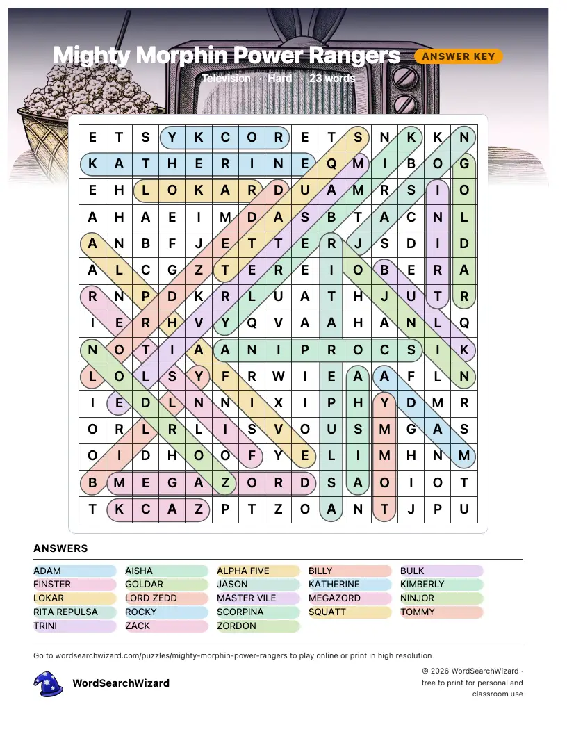Mighty Morphin Power Rangers word search answer key, all 23 words marked