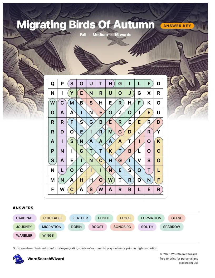 Migrating Birds Of Autumn word search answer key, all 16 words marked