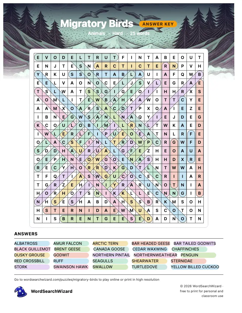 Migratory Birds word search answer key, all 25 words marked