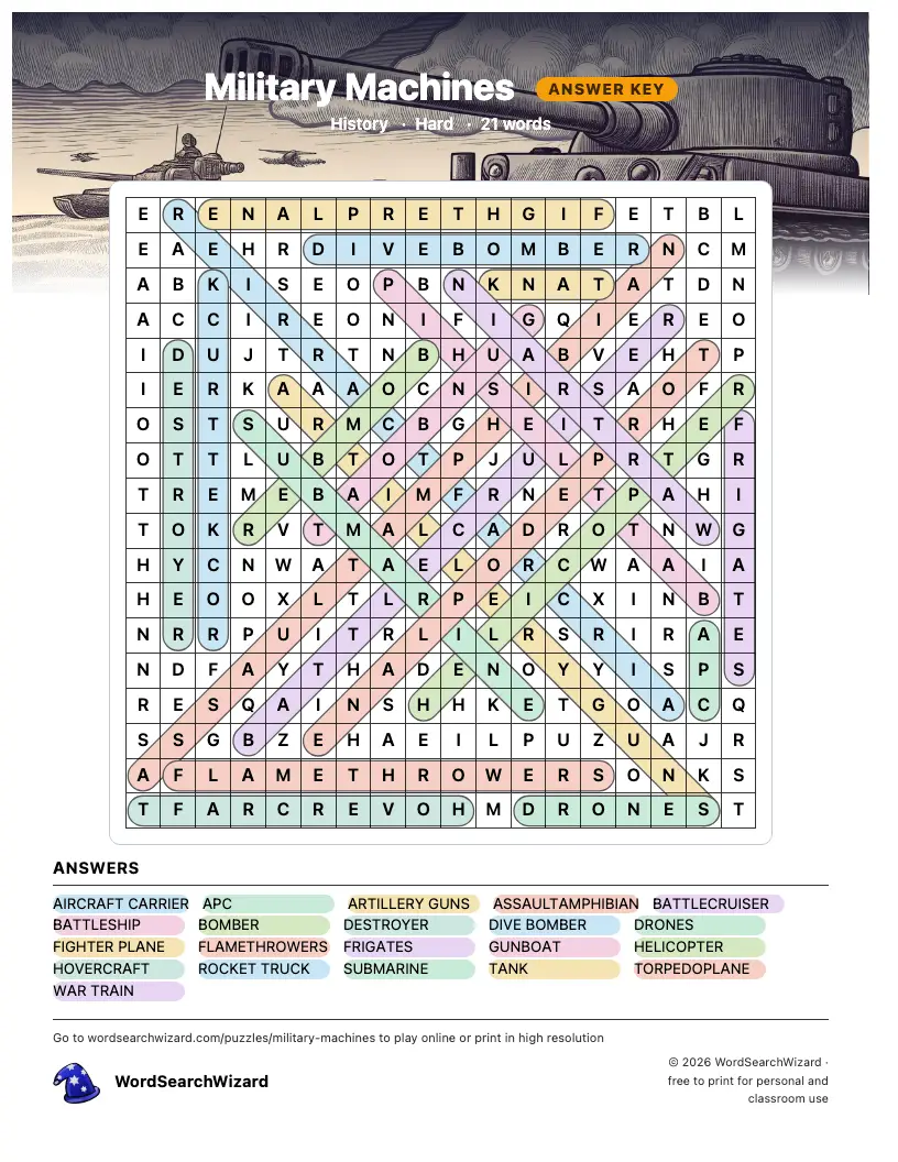 Military Machines word search answer key, all 21 words marked