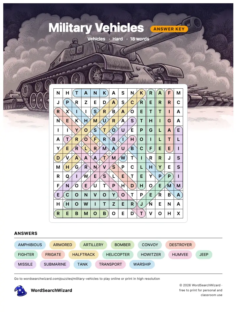 Military Vehicles word search answer key, all 18 words marked