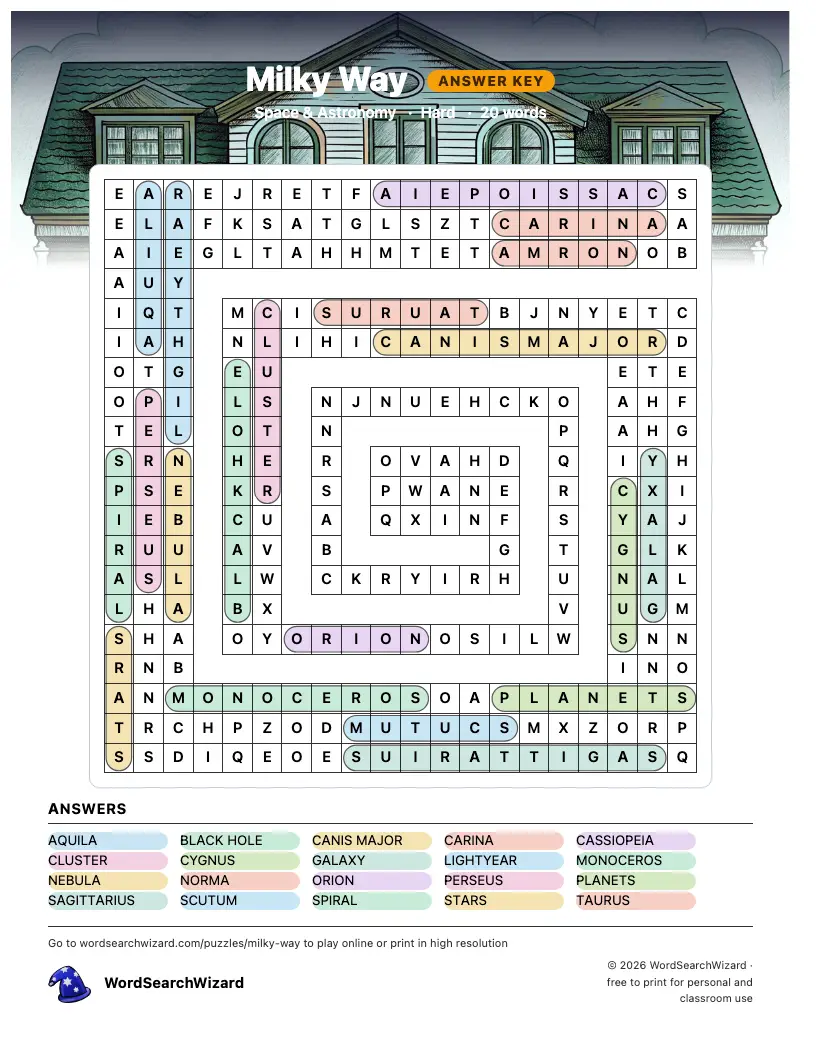 Milky Way word search answer key, all 20 words marked