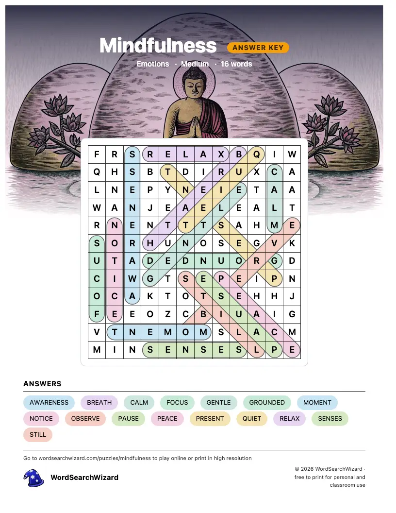 Mindfulness word search answer key, all 16 words marked