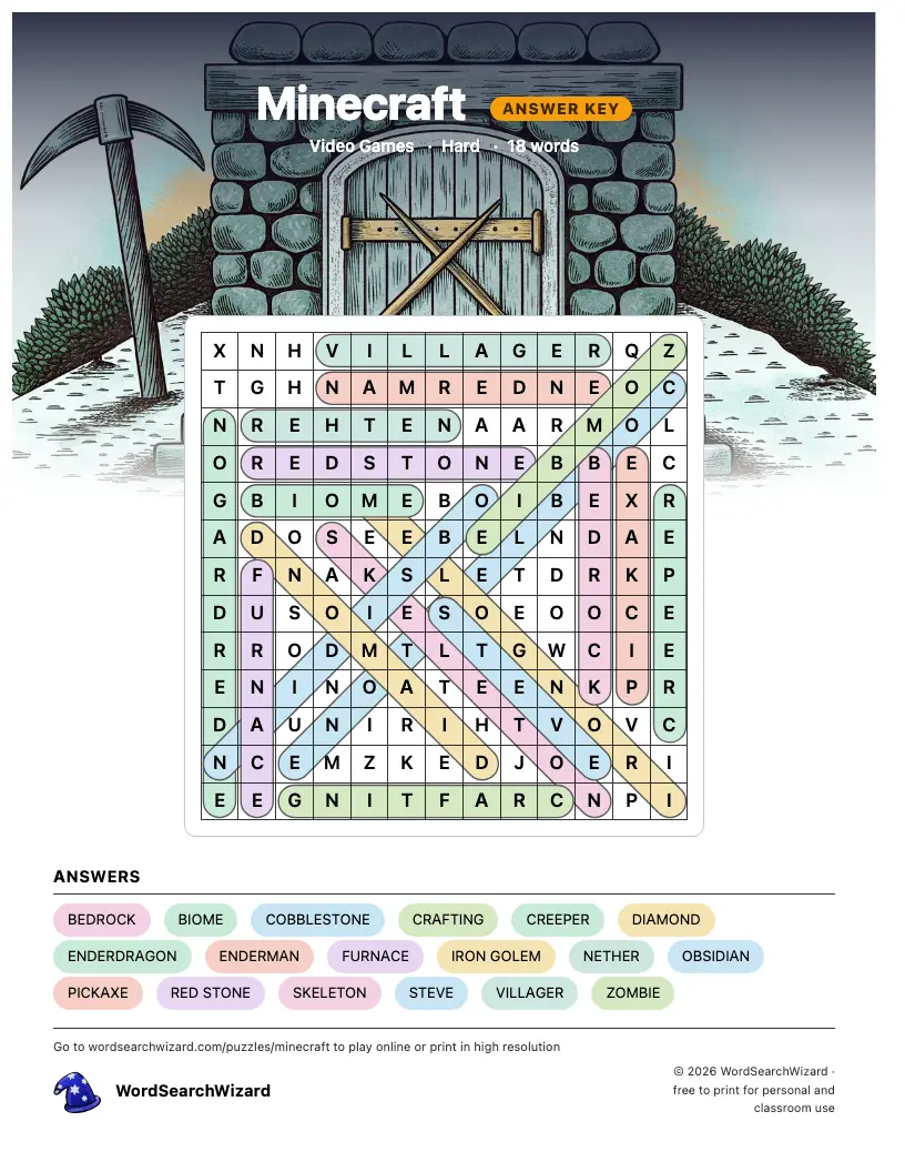 Minecraft word search answer key, all 18 words marked