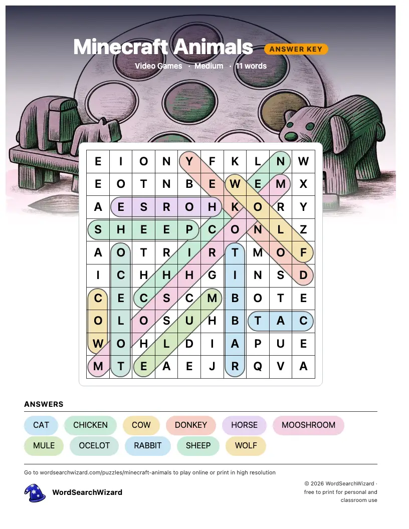 Minecraft Animals word search answer key, all 11 words marked