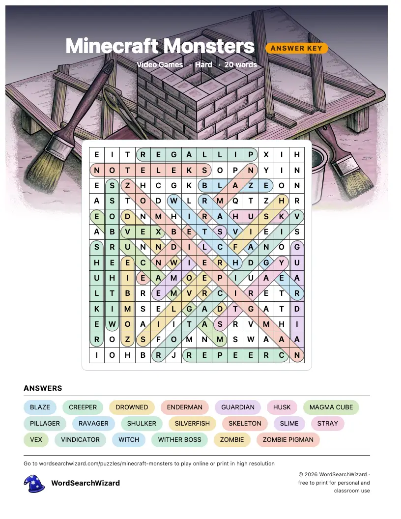 Minecraft Monsters word search answer key, all 20 words marked