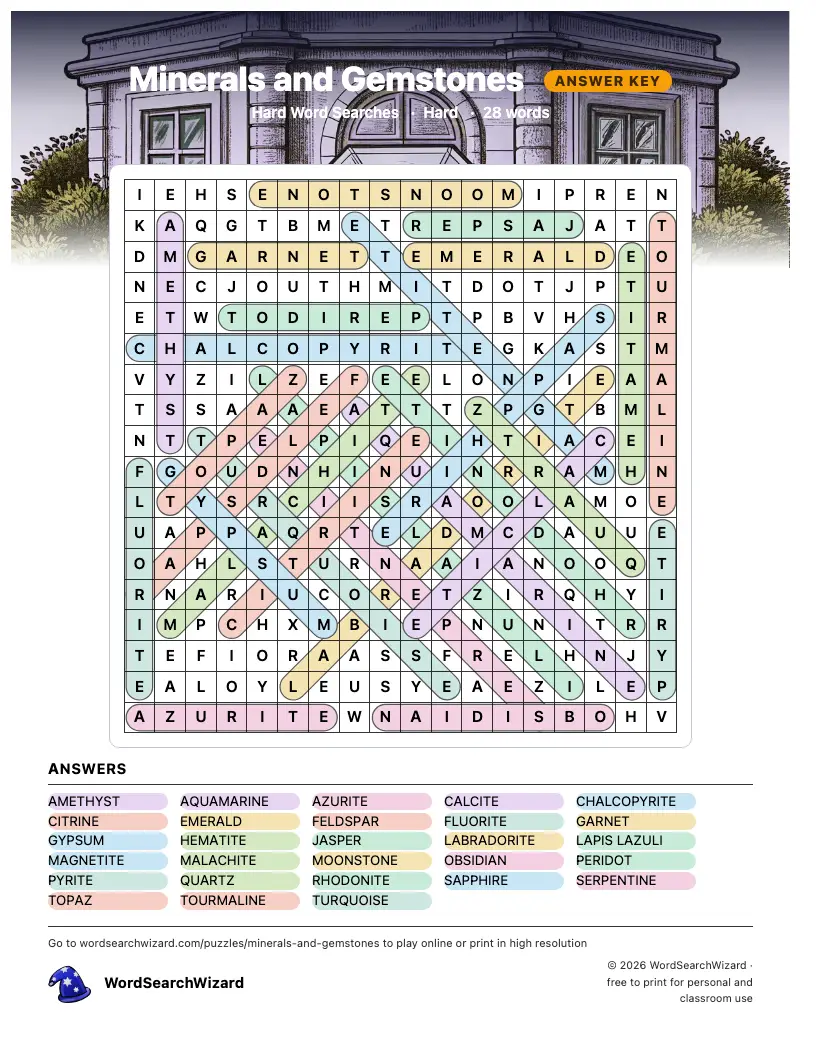 Minerals and Gemstones word search answer key, all 28 words marked