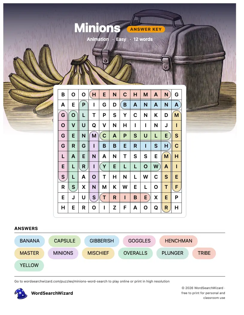 Minions word search answer key, all 12 words marked