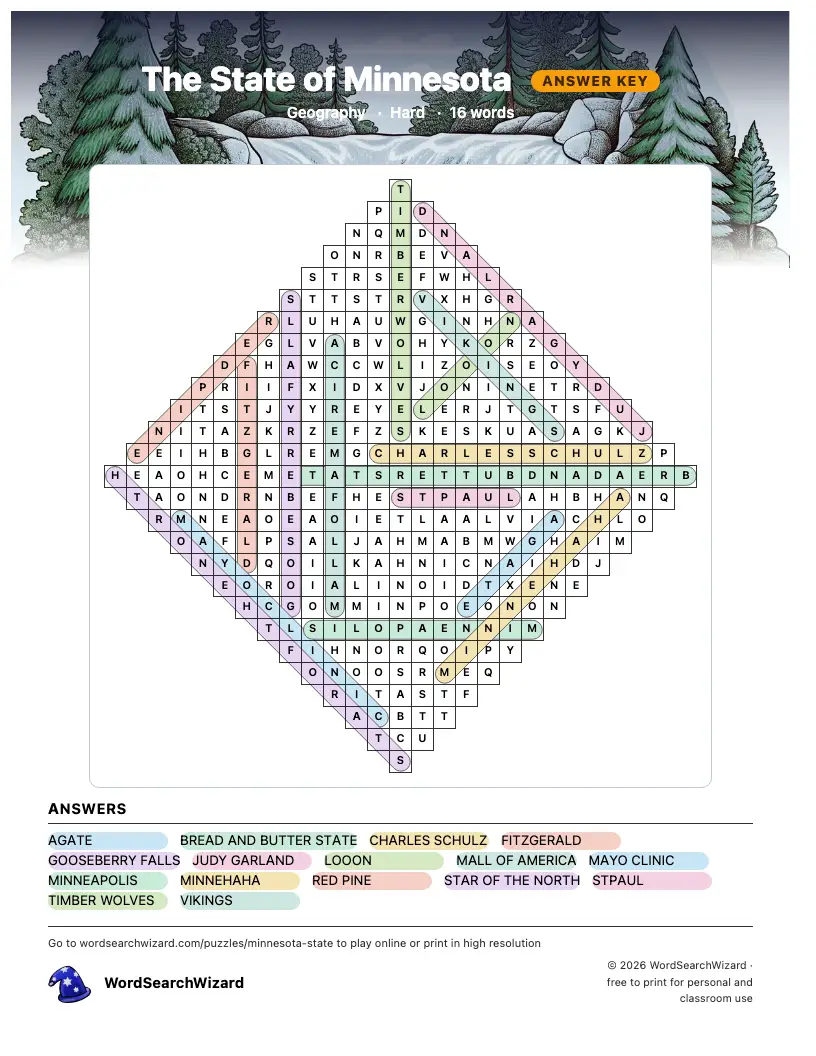 The State of Minnesota word search answer key, all 16 words marked