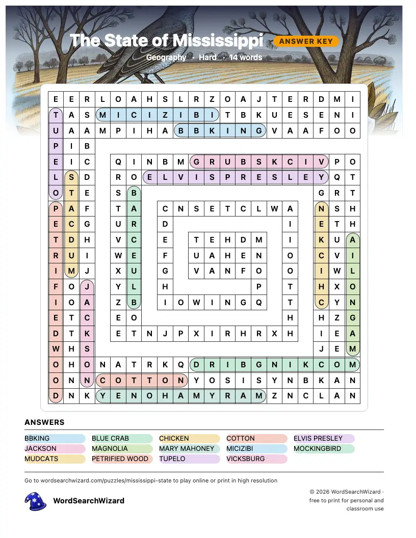 The State of Mississippi word search answer key, all 14 words marked