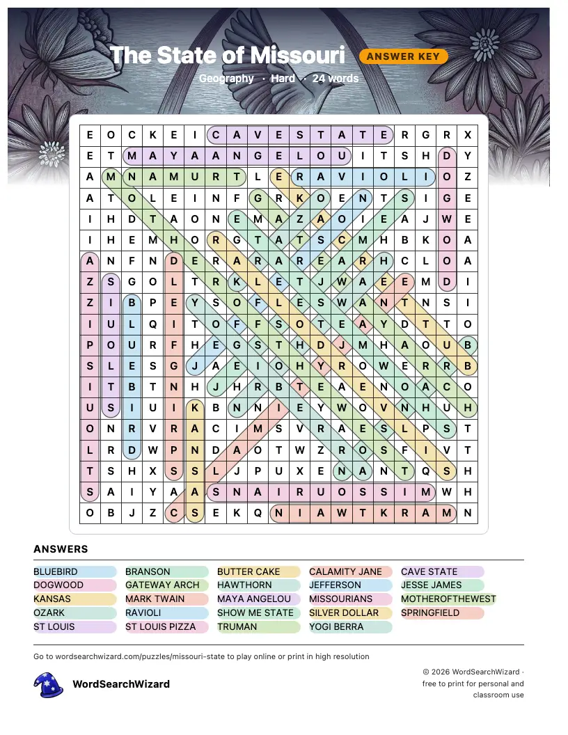 The State of Missouri word search answer key, all 24 words marked