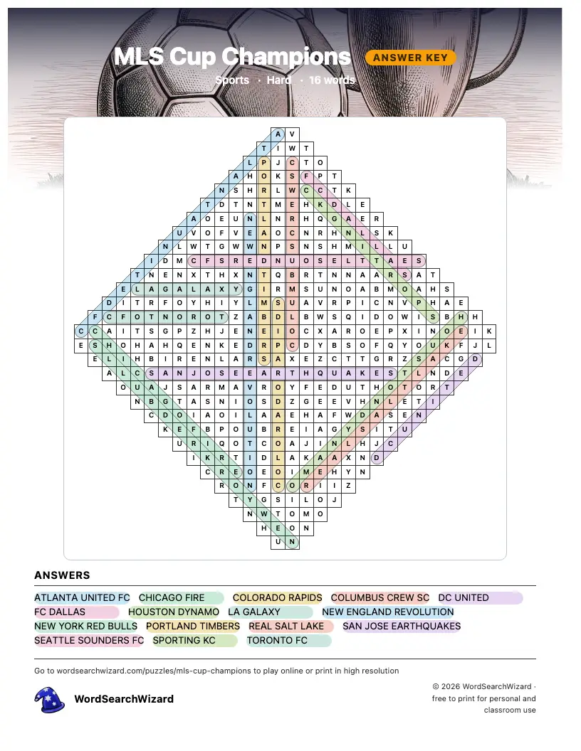 MLS Cup Champions word search answer key, all 16 words marked