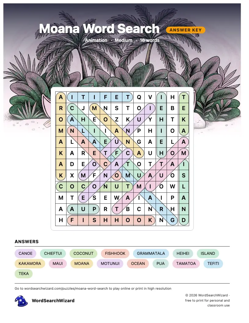 Moana word search answer key, all 16 words marked