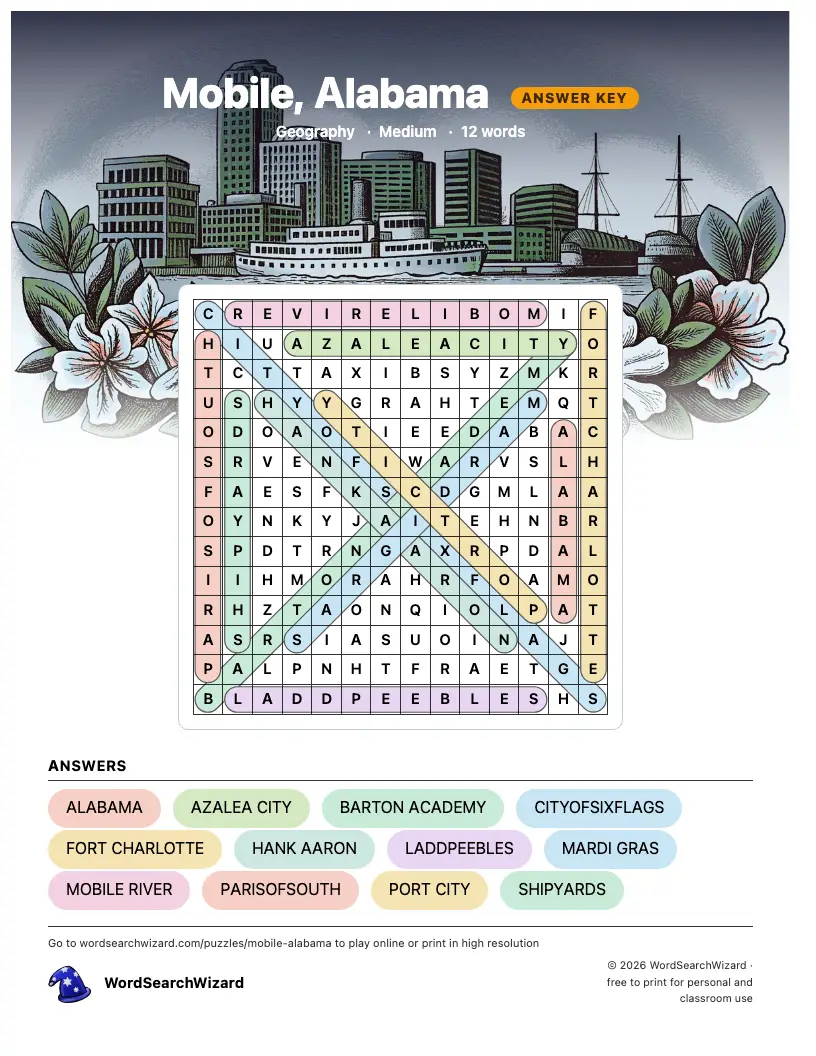 Mobile, Alabama word search answer key, all 12 words marked