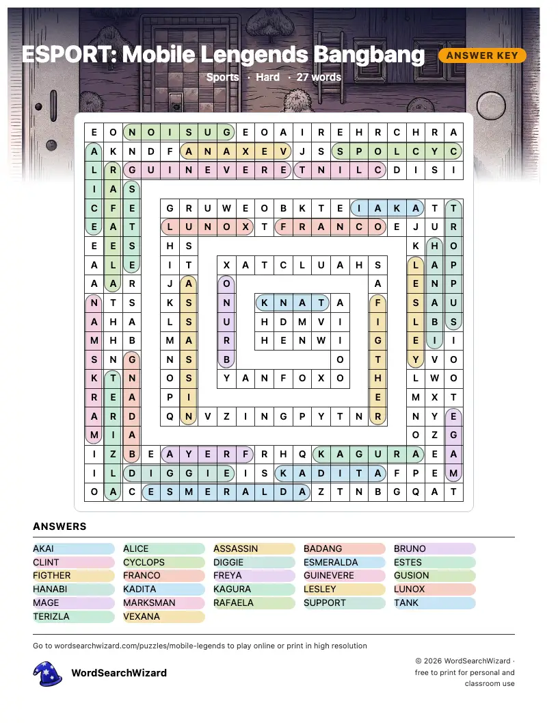 ESPORT: Mobile Lengends Bangbang word search answer key, all 27 words marked