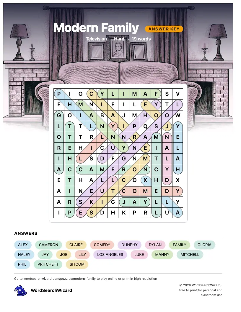 Modern Family word search answer key, all 19 words marked