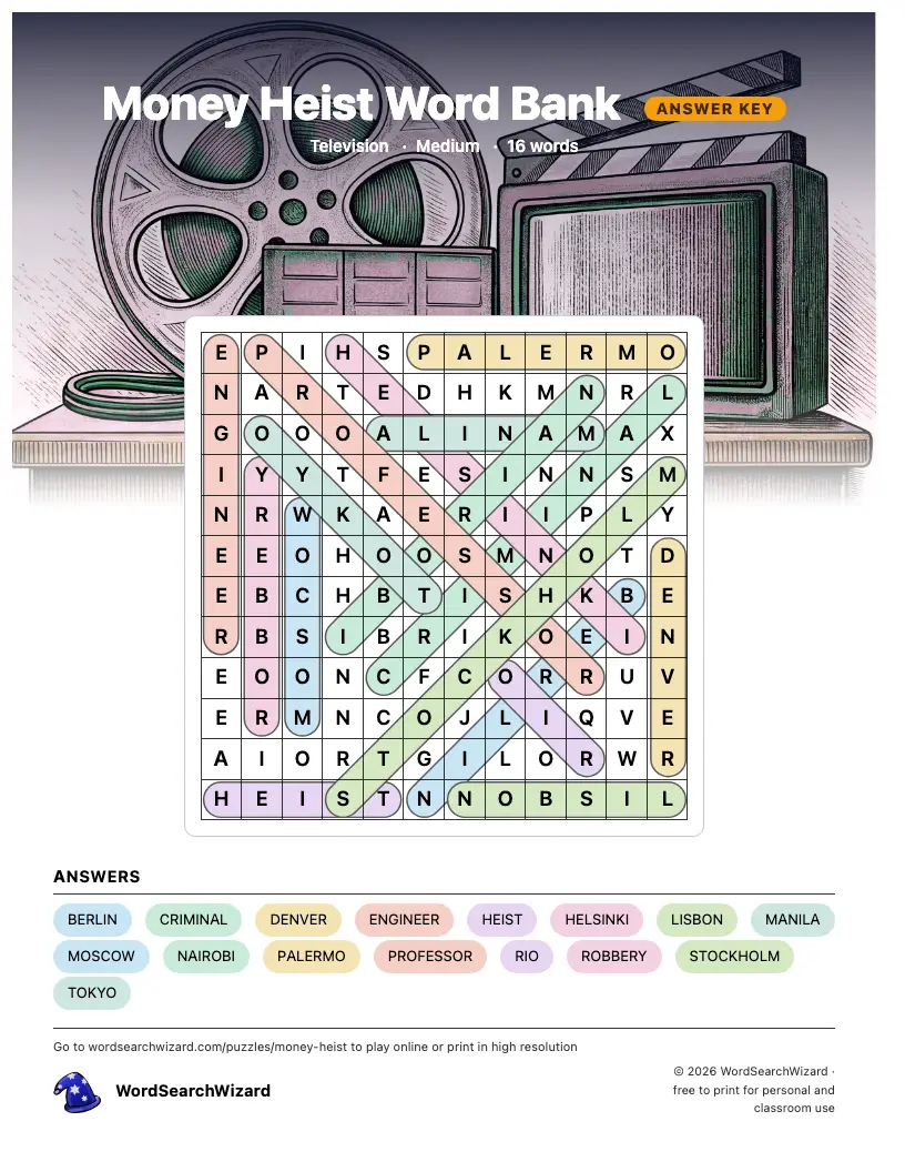Money Heist Word Bank word search answer key, all 16 words marked