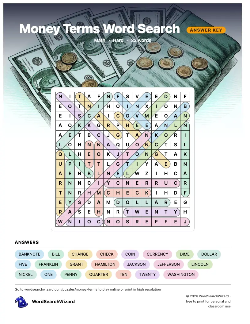 Money Terms word search answer key, all 22 words marked