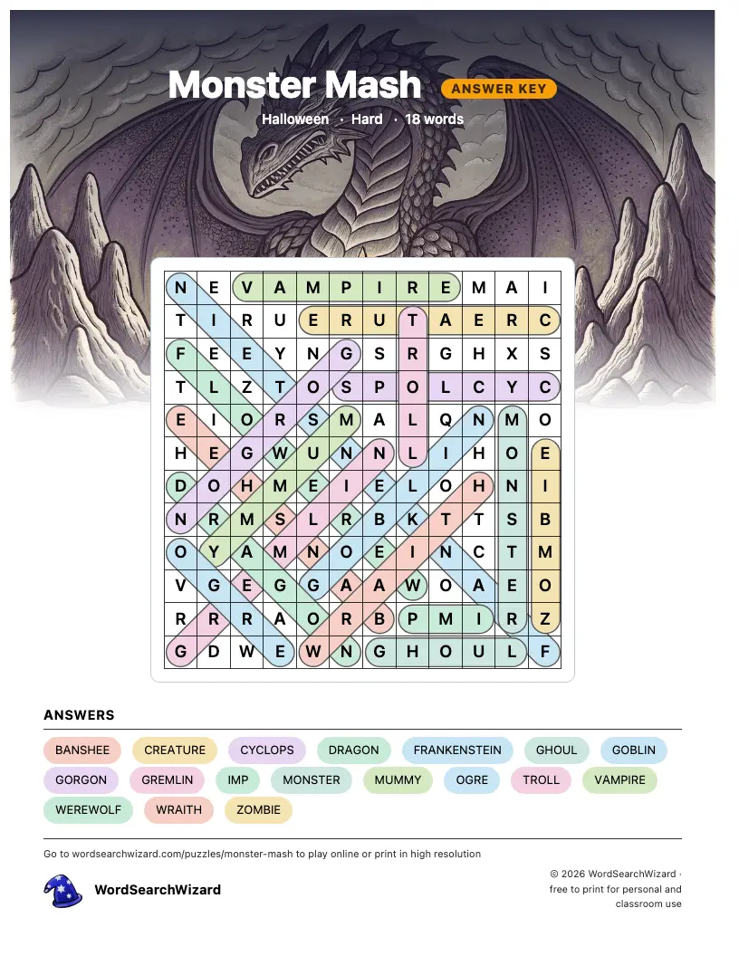 Monster Mash word search answer key, all 18 words marked