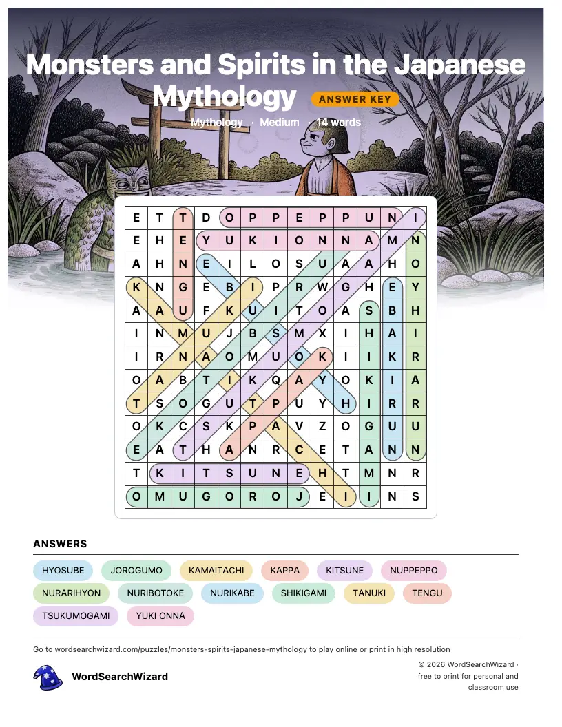 Monsters and Spirits in the Japanese Mythology word search answer key, all 14 words marked