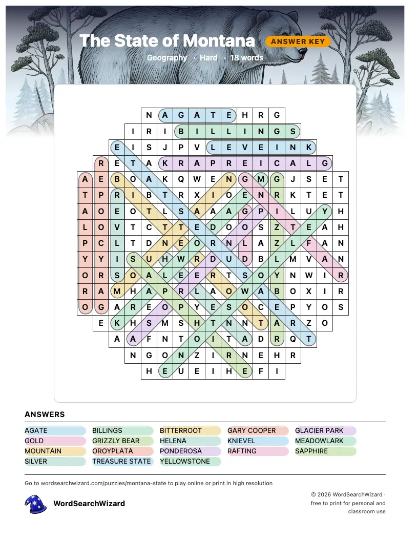 The State of Montana word search answer key, all 18 words marked