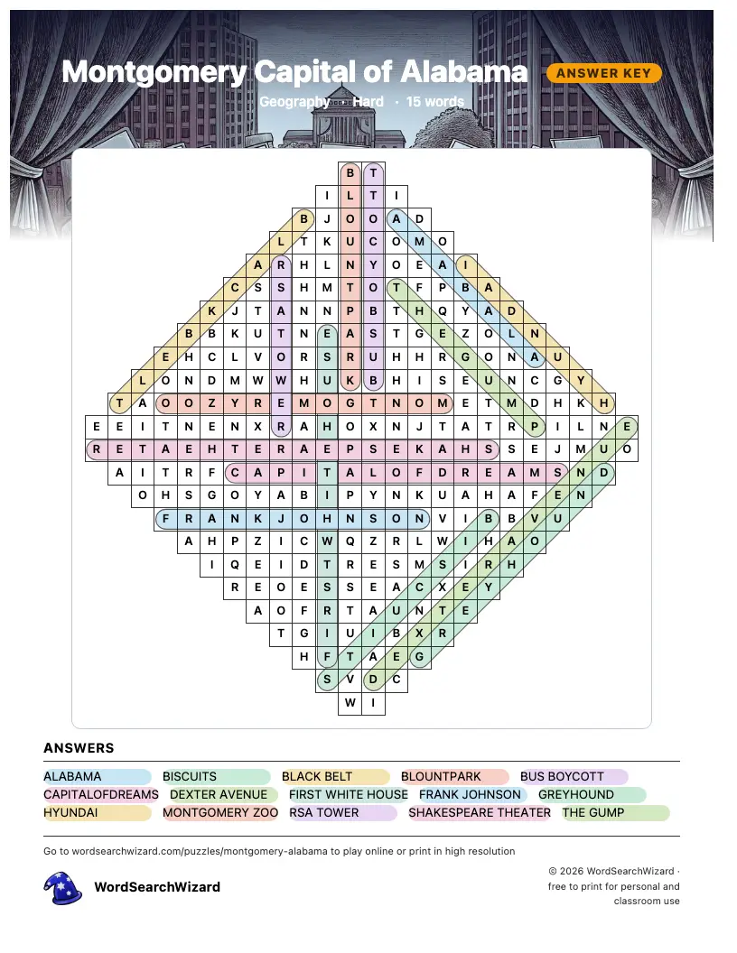 Montgomery Capital of Alabama word search answer key, all 15 words marked