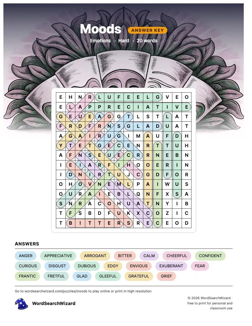 Moods word search answer key, all 20 words marked