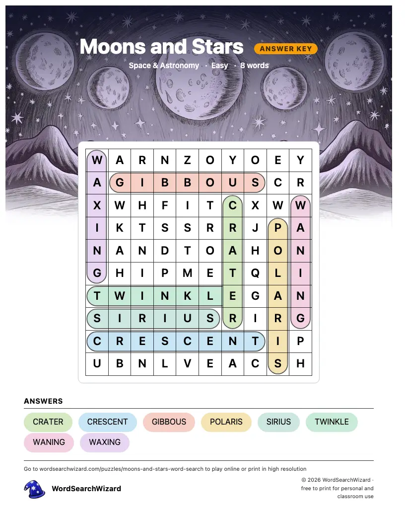 Moons and Stars word search answer key, all 8 words marked