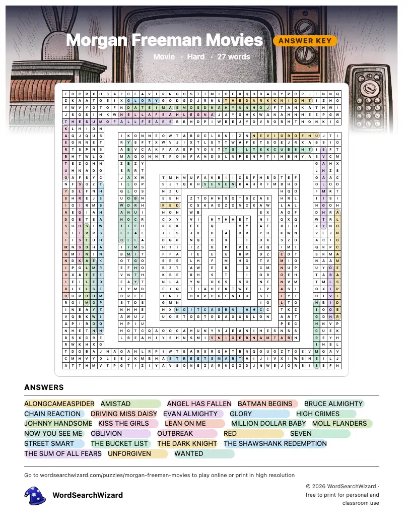 Morgan Freeman Movies word search answer key, all 27 words marked