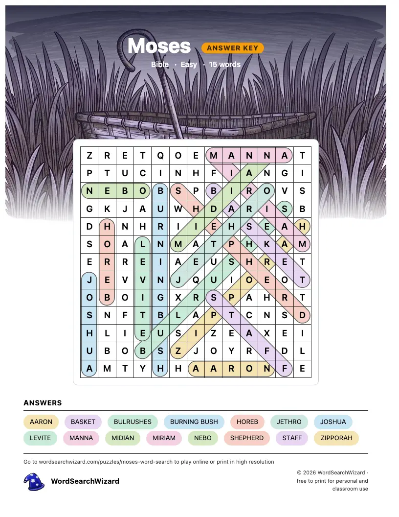 Moses word search answer key, all 15 words marked