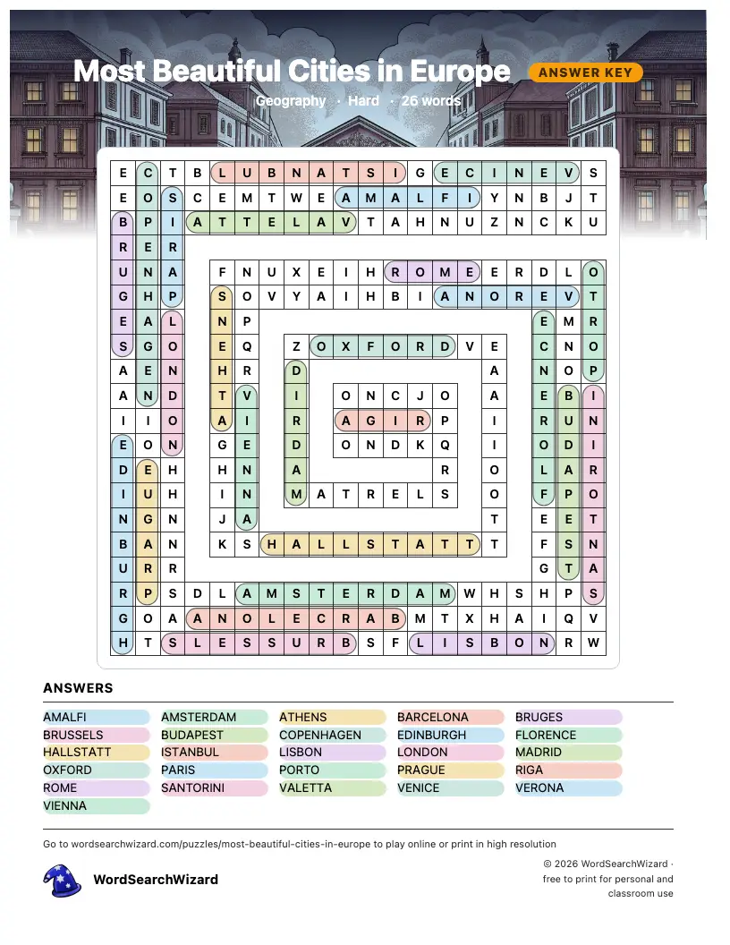 Most Beautiful Cities in Europe word search answer key, all 26 words marked