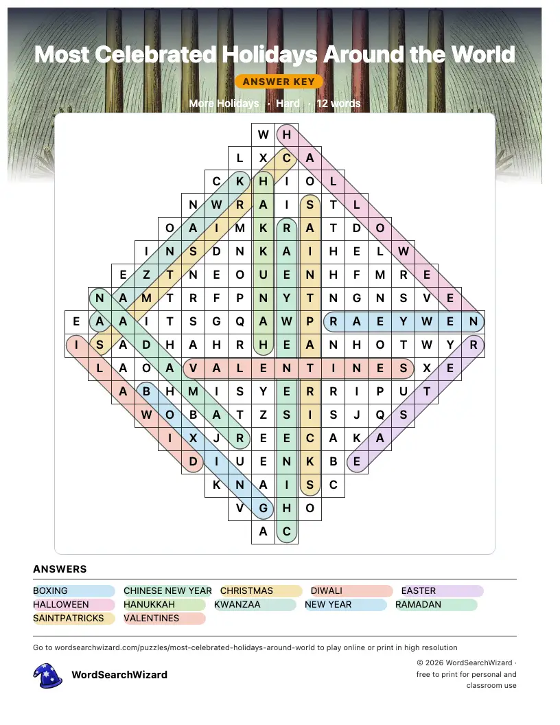 Most Celebrated Holidays Around the World word search answer key, all 12 words marked