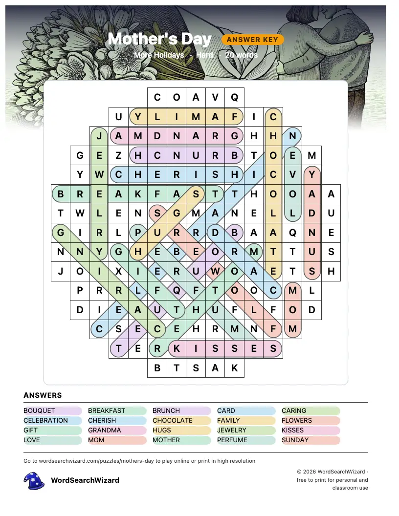 Mother's Day word search answer key, all 20 words marked