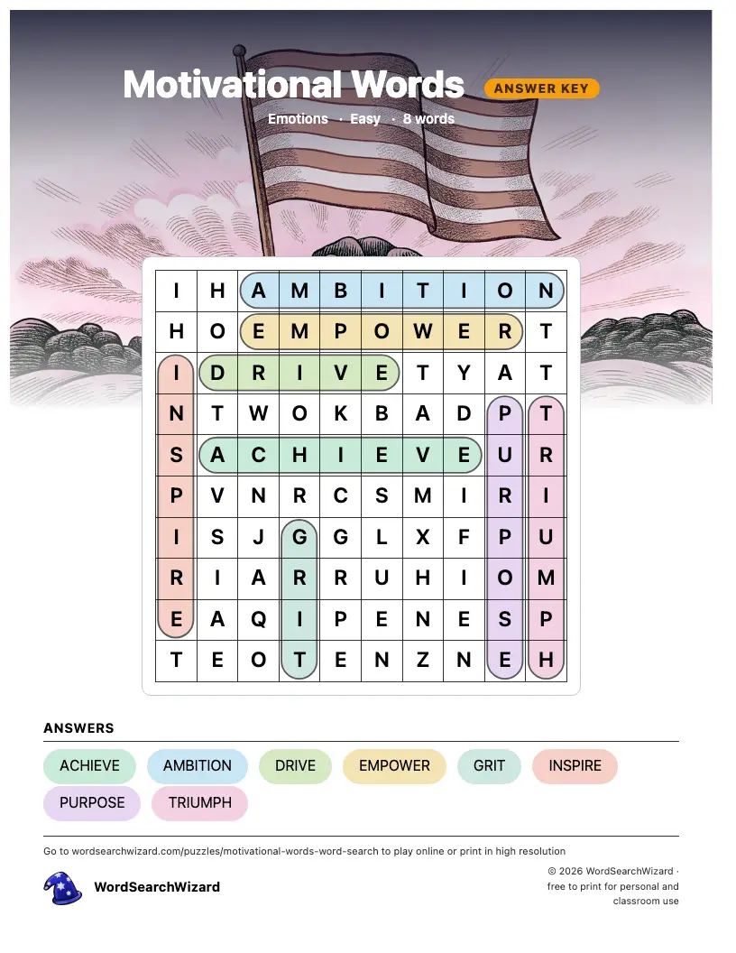 Motivational Words word search answer key, all 8 words marked
