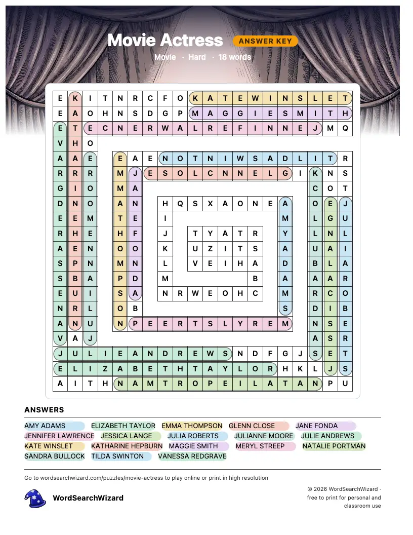 Movie Actress word search answer key, all 18 words marked