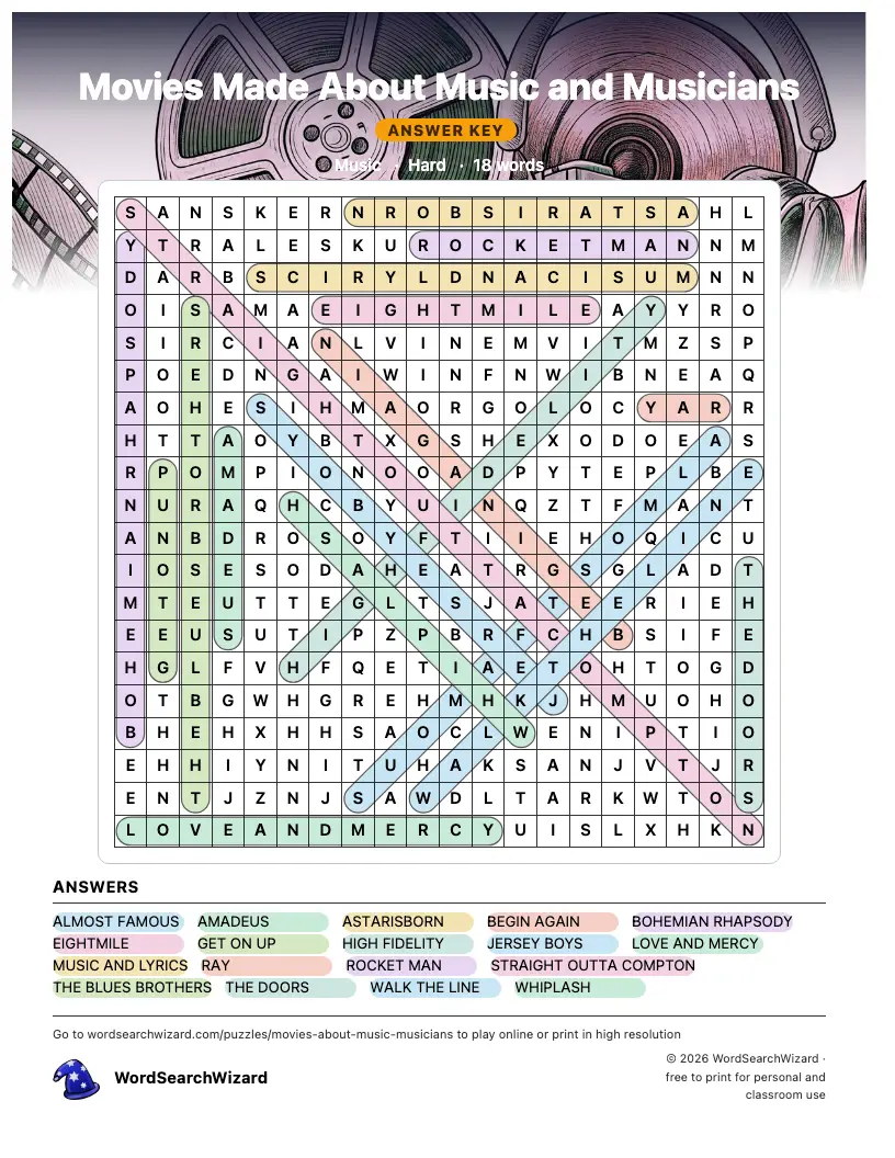 Movies Made About Music and Musicians word search answer key, all 18 words marked