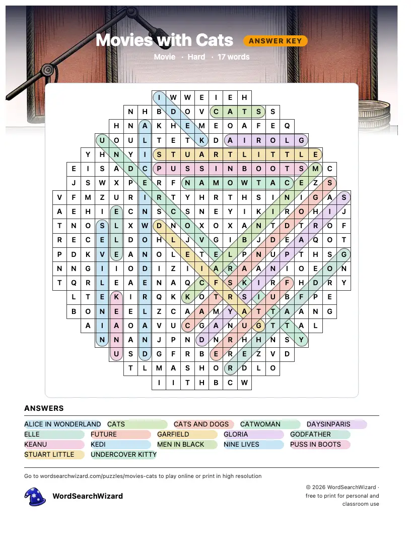 Movies with Cats word search answer key, all 17 words marked