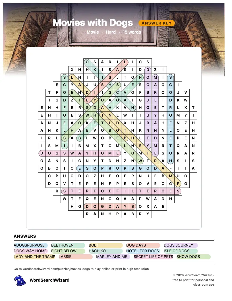 Movies with Dogs word search answer key, all 15 words marked