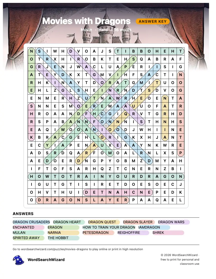 Movies with Dragons word search answer key, all 16 words marked