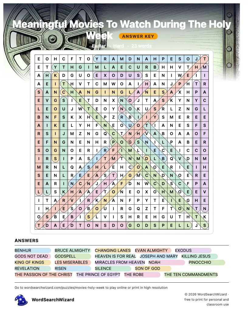 Meaningful Movies To Watch During The Holy Week word search answer key, all 23 words marked