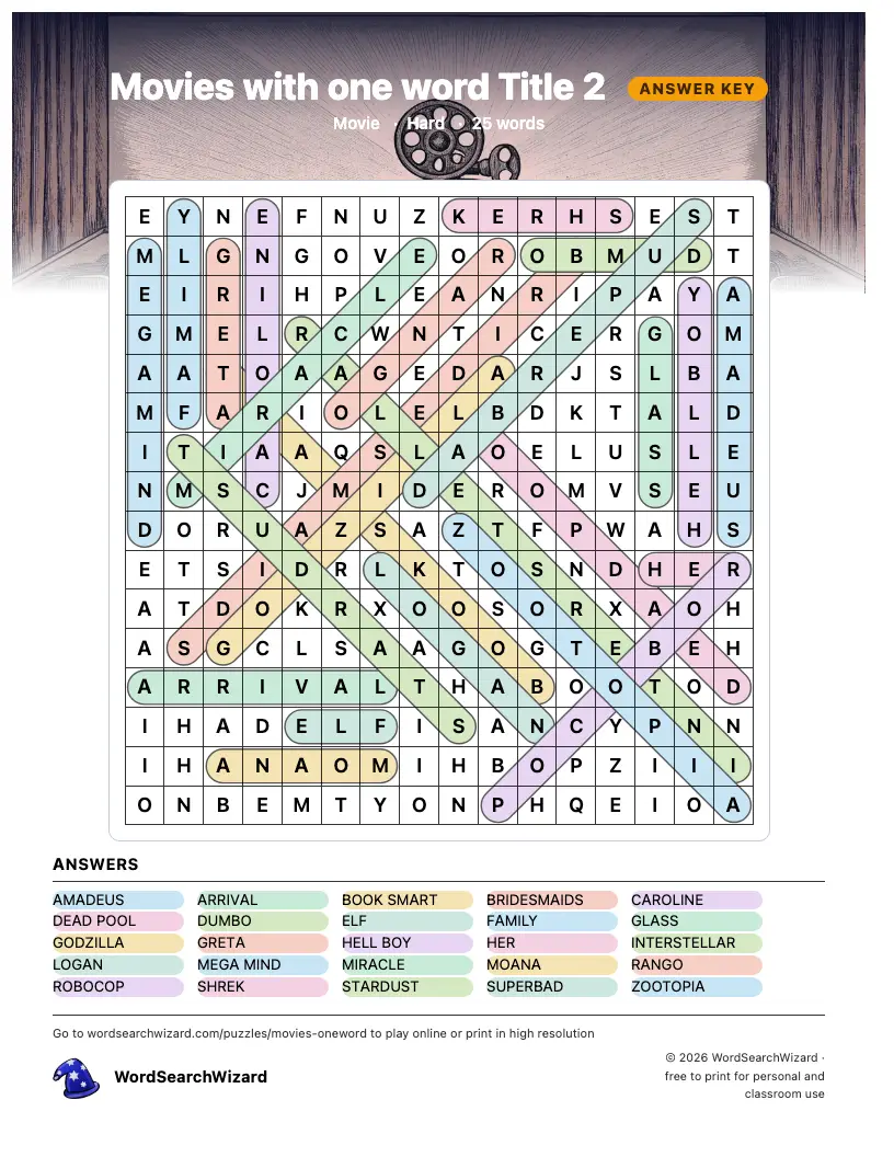 Movies with one word Title 2 word search answer key, all 25 words marked