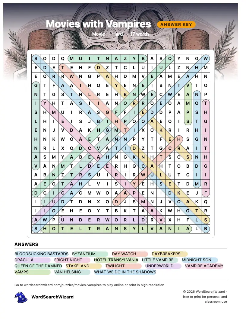 Movies with Vampires word search answer key, all 17 words marked