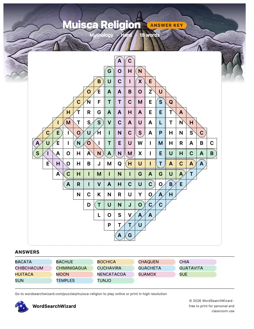Muisca Religion word search answer key, all 18 words marked