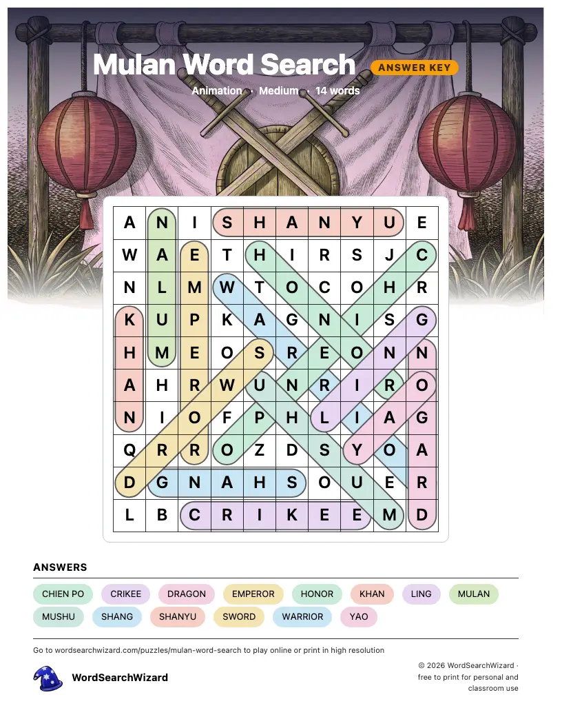 Mulan word search answer key, all 14 words marked